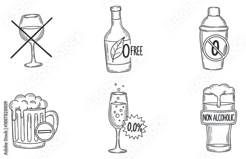 A collection of non-alcoholic drink icons including a wine glass, beer mug, and cocktail shaker in minimalist outline vector style, ideal for health-conscious branding and menus