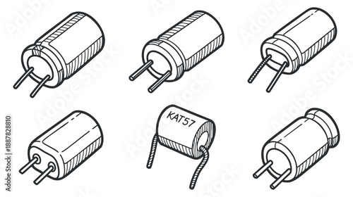 A collection of six capacitor illustrations in clean outline vector style, suitable for electronics and engineering projects