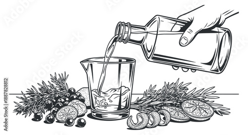 A hand pouring a drink into a glass with assorted fruits like citrus and berries in black and white outline vector style, perfect for beverage menus and culinary designs