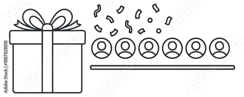 A gift box with a ribbon and confetti alongside a group of people in minimalist outline vector style, perfect for celebration and event planning
