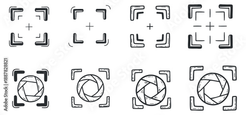 A collection of camera focus icons and lens symbols in clean outline vector style, ideal for photography apps and creative projects