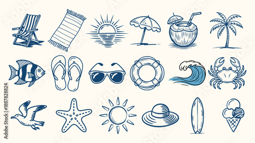 Hand-Drawn Tropical Beach Doodle Vector Pack – Summer Ocean Icons for Vacation, Apparel & Creative Design