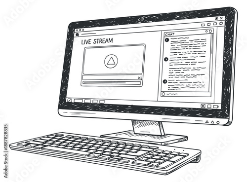 A computer monitor displaying a live stream interface with chat functionality in a hand-drawn sketch vector style, ideal for technology and digital media projects
