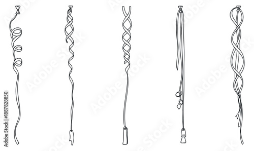 A collection of five elegant cord and braid designs in minimalist black and white outline vector style, suitable for fashion and accessory projects