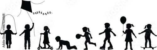 WebBlack silhouettes of children playing, kids jumping rope, flying kite, skating, running, holding balloon, isolated on white background vector set.