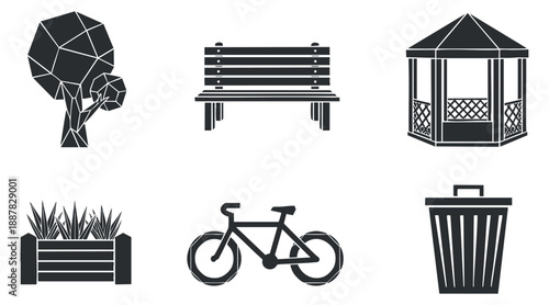 A collection of outdoor park icons including a tree, bench, gazebo, bicycle, planter, and trash can in black and white minimalist vector style, suitable for urban park design