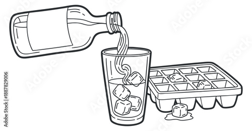 A bottle pouring a drink into a glass filled with ice cubes in outline vector style, ideal for beverage branding and summer promotions