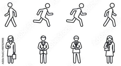 A collection of business people icons in minimal black and white outline style, ideal for office and career-related designs