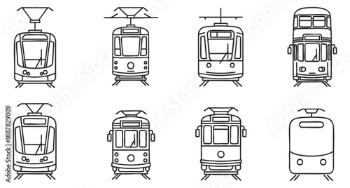 A set of various tram and train designs in minimalist line art vector style, suitable for transportation projects and urban design