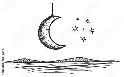 A hand-drawn moon hanging above stars in a simple black and white vector style, ideal for night-themed designs