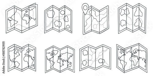 A collection of folded maps featuring world outlines and location markers in minimalist black and white vector style, ideal for travel-themed projects