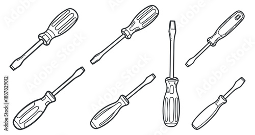 A set of various screwdrivers in black and white outline vector style, perfect for tool illustrations and engineering designs