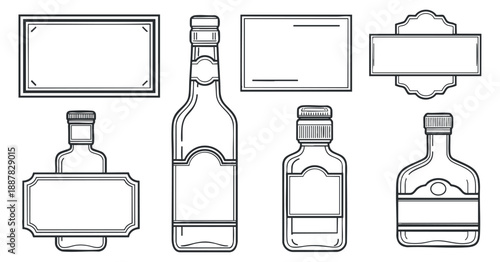 A collection of various beverage bottles and label designs in minimalist outline vector style, suitable for branding and packaging projects