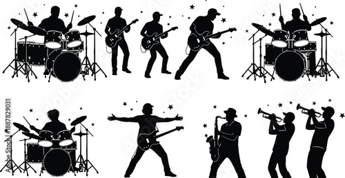 Collection of black rock band musician silhouettes playing guitar, drums, and trumpet with stars isolated on white background vector illustration.