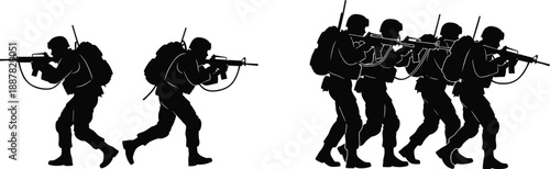 WebCollection of black silhouette soldiers advancing with assault rifles and tactical gear isolated on white background for war concepts.
