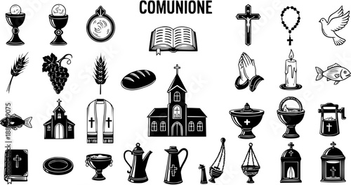 Black and White Line Art Icons for Christian Communion Symbols - Churches, Crosses, Bible