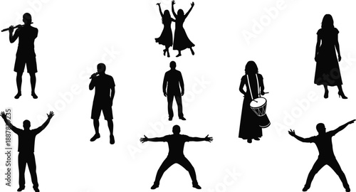 WeCollection of black vector silhouettes featuring musicians playing instruments, singers performing, and happy people dancing on an isolated white background.b
