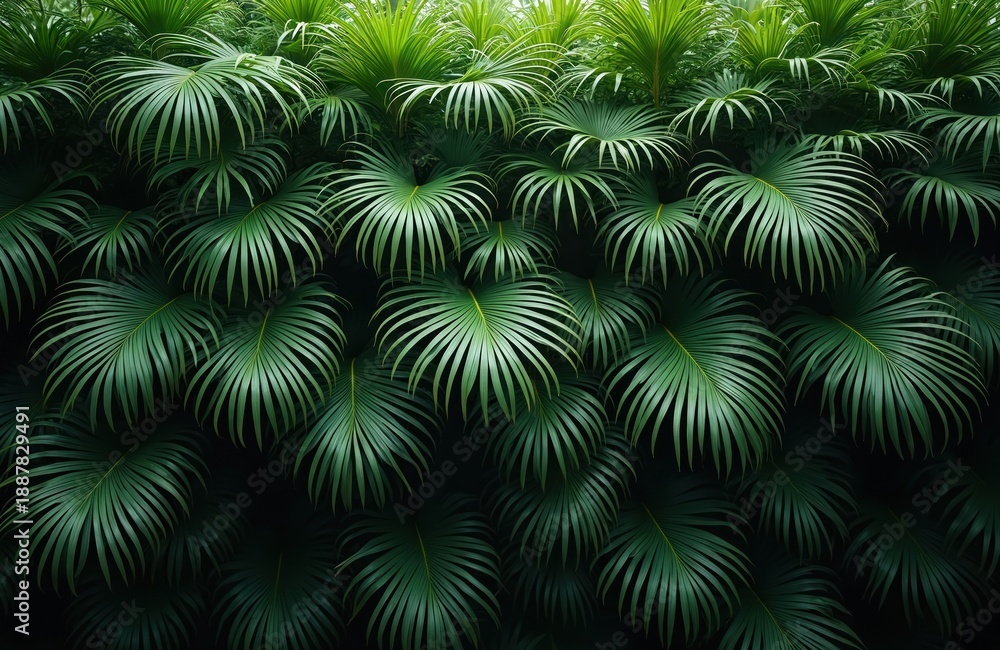 Fototapeta premium Dense green palm leaves create a natural textured backdrop. Lush foliage displays vibrant fresh growth. This tropical plant fills frame with vibrant color.