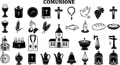 Black and White Glyph Icons of Catholic Communion Symbols for Religious Services and Events