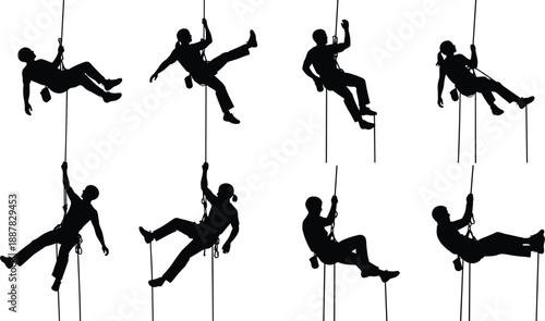 Collection of black vector silhouettes featuring rock climbers and rappellers hanging on ropes, isolated on white background for adventure sports.