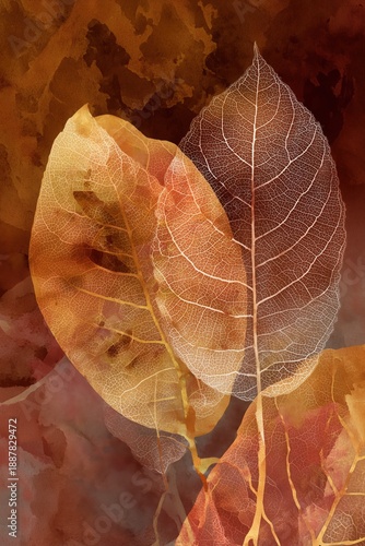 A close-up of two leaves with an abstract background, digital art, earth tones.