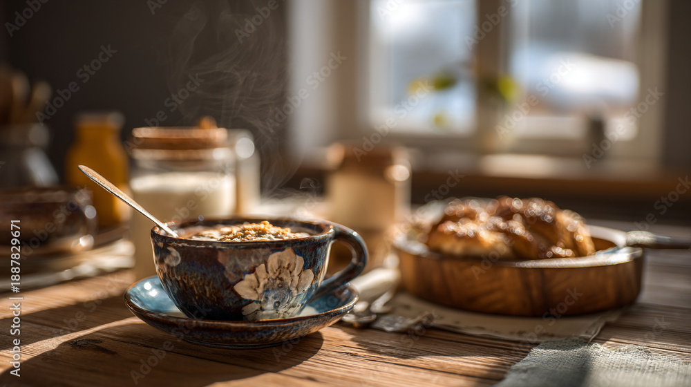 Fototapeta premium A steaming cup of oatmeal with a spoon sits on a saucer next to pastries