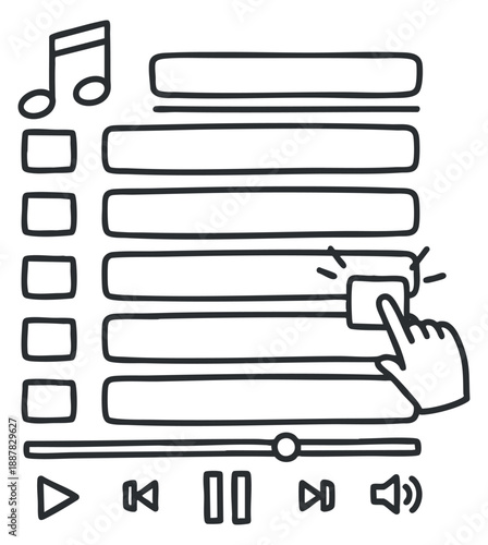 A hand selecting a music track from a playlist in outline vector style, suitable for app design and digital media