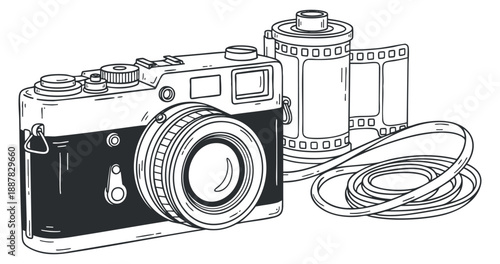 A vintage camera with a film roll and cable in black and white outline vector style, suitable for photography-related projects