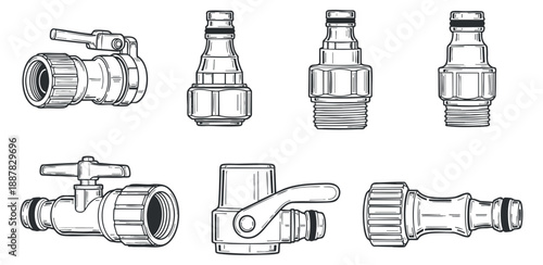 A collection of various plumbing valves and fittings in black and white outline vector style, suitable for plumbing and engineering projects