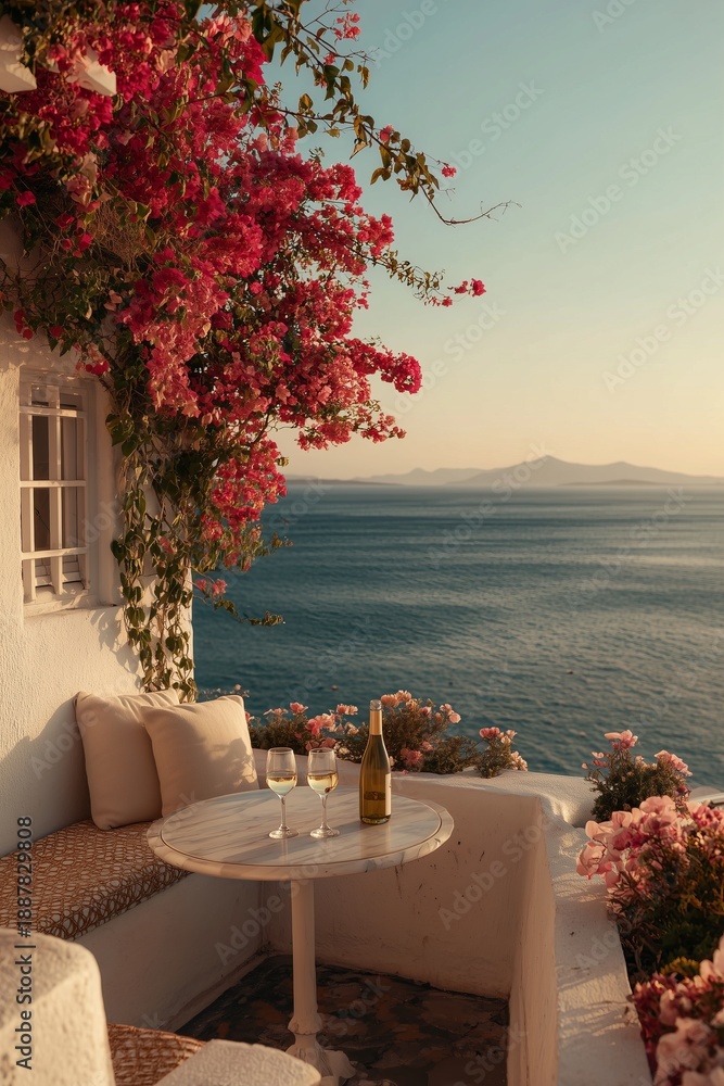Fototapeta premium Mediterranean balcony with whitewashed walls and blooming bougainvillea overlooks the sea, table set with two wine glasses. Romantic coastal view at golden hour, peaceful and sunlit.