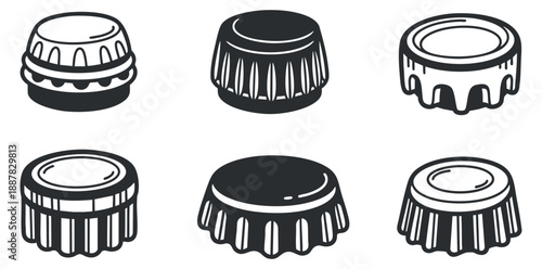 A collection of six bottle caps in black and white outline vector style, ideal for beverage branding and packaging design
