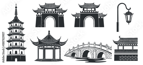 A collection of traditional Asian architectural elements including pagodas, gates, bridges, and lanterns in black and white vector style, ideal for cultural design projects