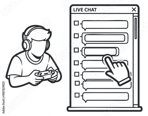 A gamer with headphones holding a controller interacting with a live chat window in black and white outline vector style, suitable for gaming platforms and streaming services