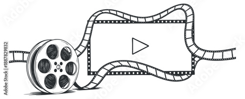 A film reel with a filmstrip and play button in black and white modern vector style, suitable for movie and media projects