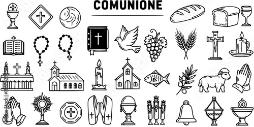 Black and White Line Art Icons of Christian Symbols for Communion and Religious Services