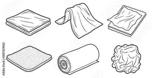 A collection of various fabrics and textiles in black and white outline vector style, ideal for fashion or home decor design