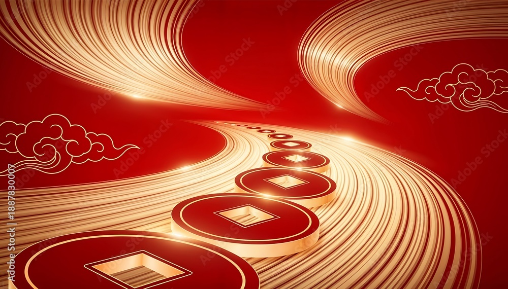 Fototapeta premium Vibrant red and gold abstract illustration for Chinese New Year with glowing coins and swirling lines conveying prosperity and good fortune.