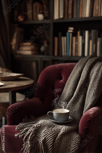 Woolen throw over velvet armchair, small table with teacup, bookshelf blurred behind. A quiet and warm interior detail for cozy moments.