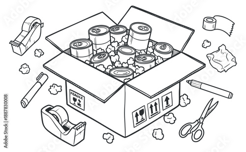 A box filled with cans and packing materials in black and white outline vector style, suitable for logistics and shipping design projects