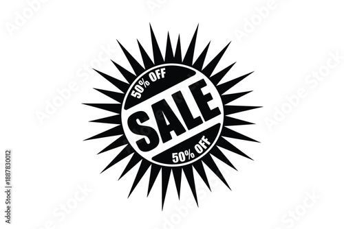 Black and white sale burst graphic with fifty percent off label