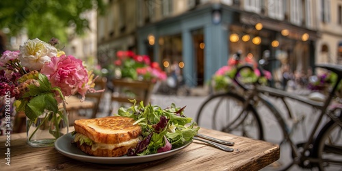 Croque monsieur with side salad on street cafe table in France, bicycles and flower shop behind. Casual Parisian lunch moment with soft spring bokeh.