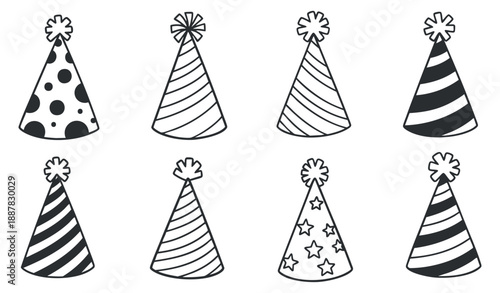 A collection of eight party hats in various designs including polka dots, stripes, and stars in black and white vector style, perfect for festive event graphics