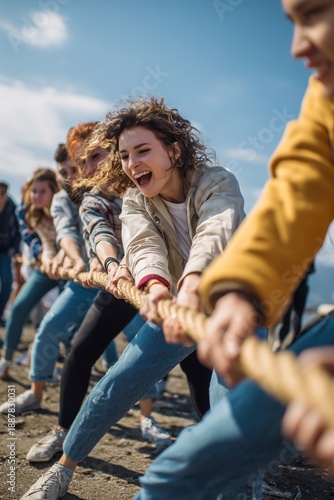 Diverse team pulling a rope together in bright outdoor challenge. Energetic teamwork moment symbolizing unity, effort, strength, and collaboration.
