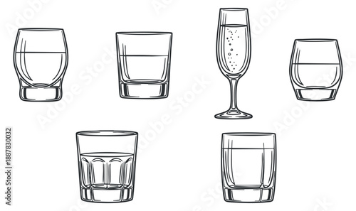 A collection of various glass types including whiskey, wine, and champagne in minimalist outline vector style, ideal for bar and restaurant designs
