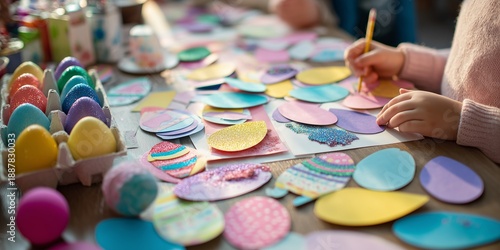 Handmade Easter cards, egg cutouts, glitter, ribbons and glue scattered on crafting table in bright workspace. Playful creative spring activity scene with holiday charm and childhood vibes.