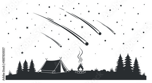 A camping scene with a tent and campfire under a starry night sky in minimalist black and white vector style, ideal for outdoor adventure themes
