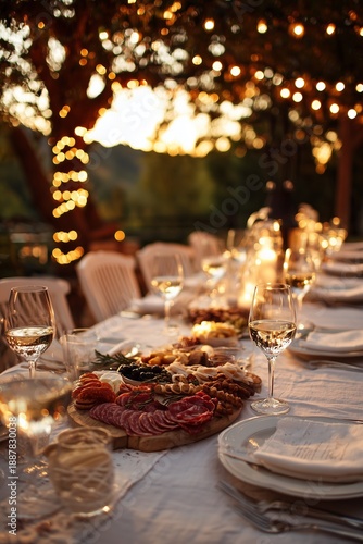 Outdoor dinner party setup with white linens, charcuterie, wine glasses and fairy lights. Elegant and romantic ambiance for summer gathering under the stars.