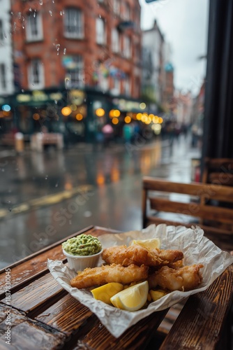 Fish and chips with lemon and peas, served on wooden table in Irish pub. Rainy street with red brick and vintage signage blurred behind the window.