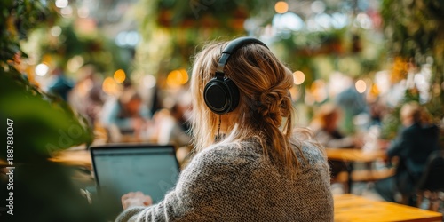 Freelancer woman with laptop and headphones at cafe table, blurred background with plants and people. Soft light and depth create quiet modern work scene.