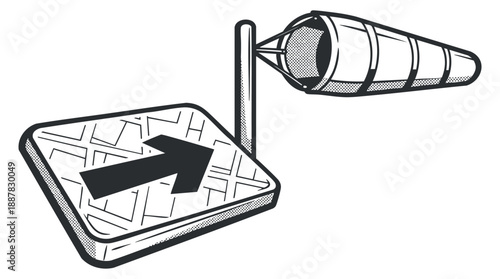 A directional arrow sign with a wind indicator cone in black and white vector style, suitable for travel and navigation projects